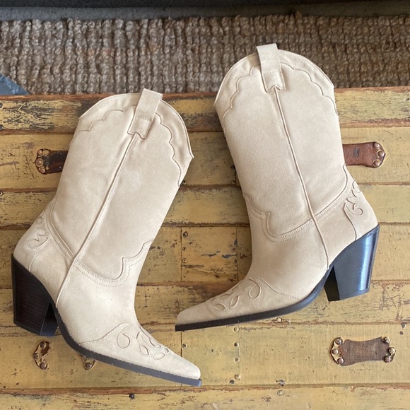 TORAL TALL COWBOY BOOTS SUEDE LEATHER HIGH TALL BOOTS WESTERN NEUTRAL BEIGE 38 - Picture 3 of 17